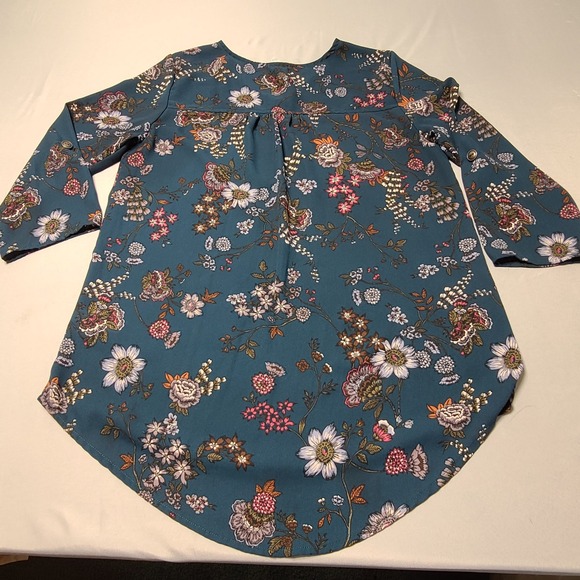 Maurices Floral Tunic Women Small Teal Blue 3/4 Roll Tab Sleeve Zip Neck Blouse - Picture 2 of 8